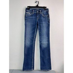 Silver Suki women's 26w 33l medium‎ wash denim bootcut embroidered pockets
